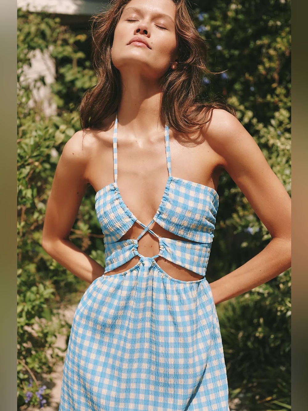 Maaji x Anthropologie Odaline Gingham Cutout Mini Dress M Blue Yellow - Picture 3 of 14